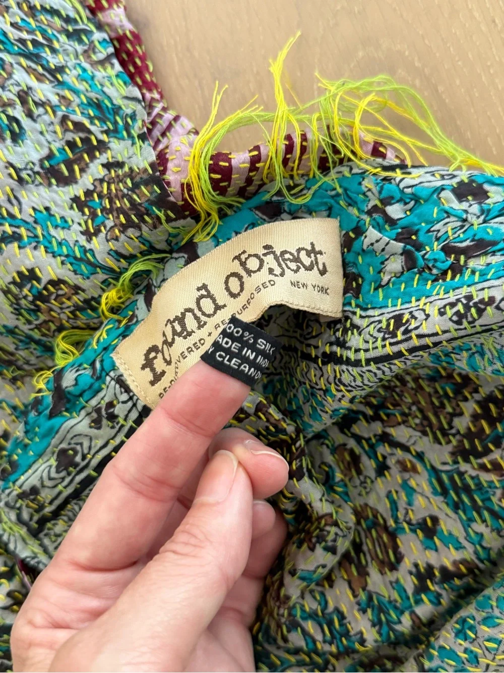 Found Object New York Reversible Silk Kantha Fringe Scarf Wrap Recycled Vintage